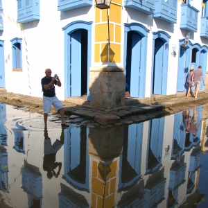 A brightly-painted house on a street corner in Paraty, Brazil