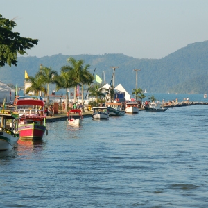 Boats moored by the sea at Paraty, near Rio, Brazil
