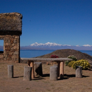 A rest spot and shelter on a hilltop on Isla del Sol, Lake Titicaca, Bolivia.